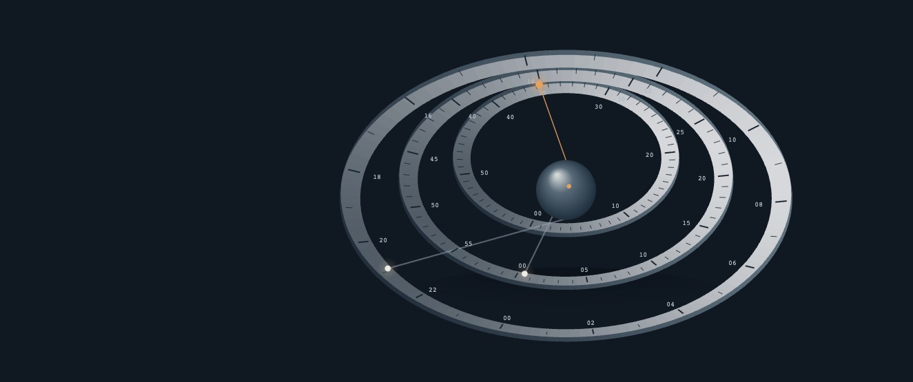 Three silver time rings suspended above a midnight blue surface